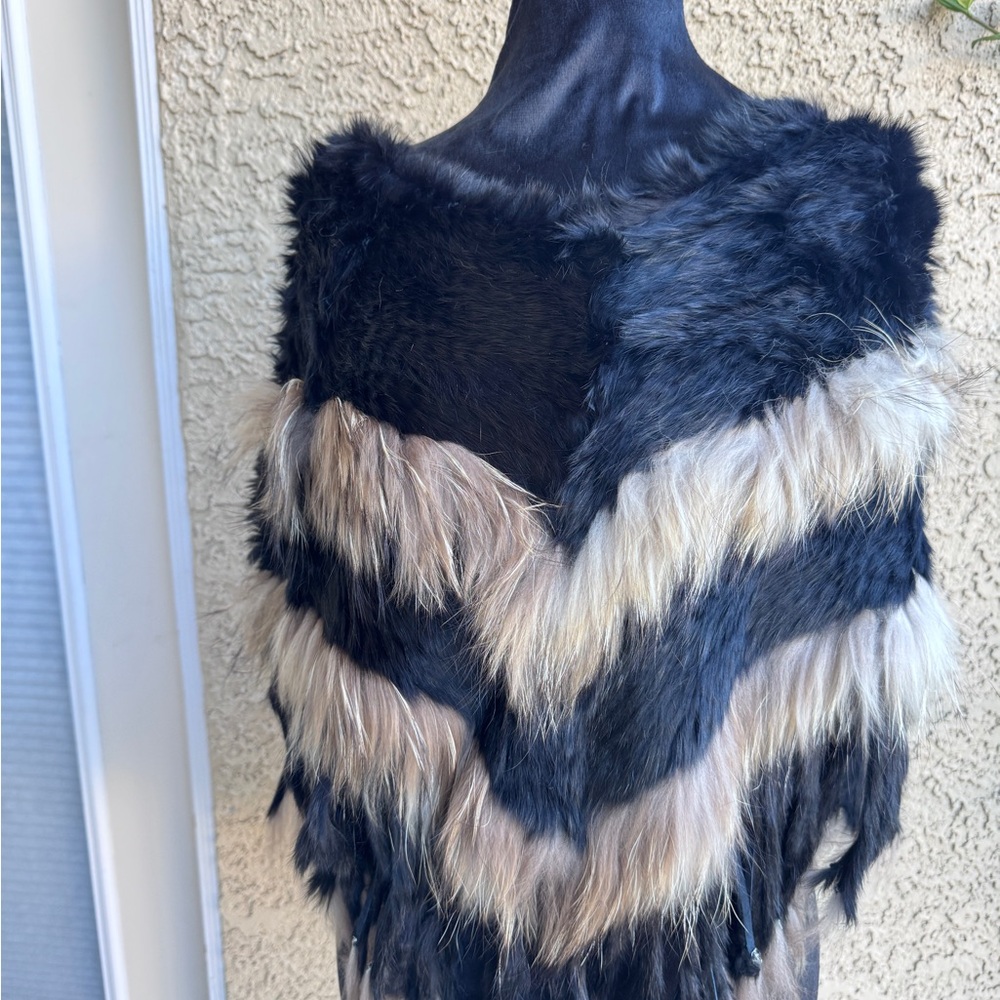 NWT Dolce Cabo 100% Rabbit Fur Poncho | Black & Tan Chevron, Luxury Winter Layer